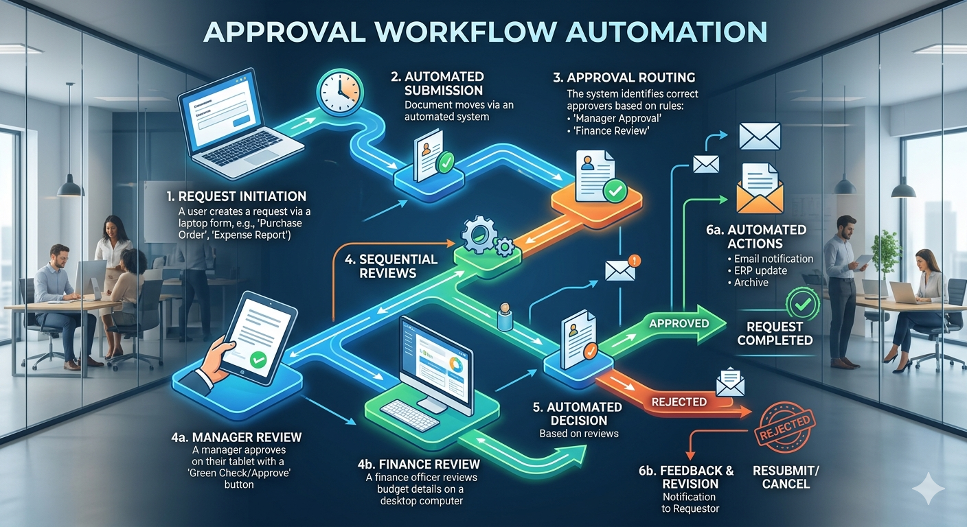 Approval Workflow Automation diagram showing request, routing, approval, and logging