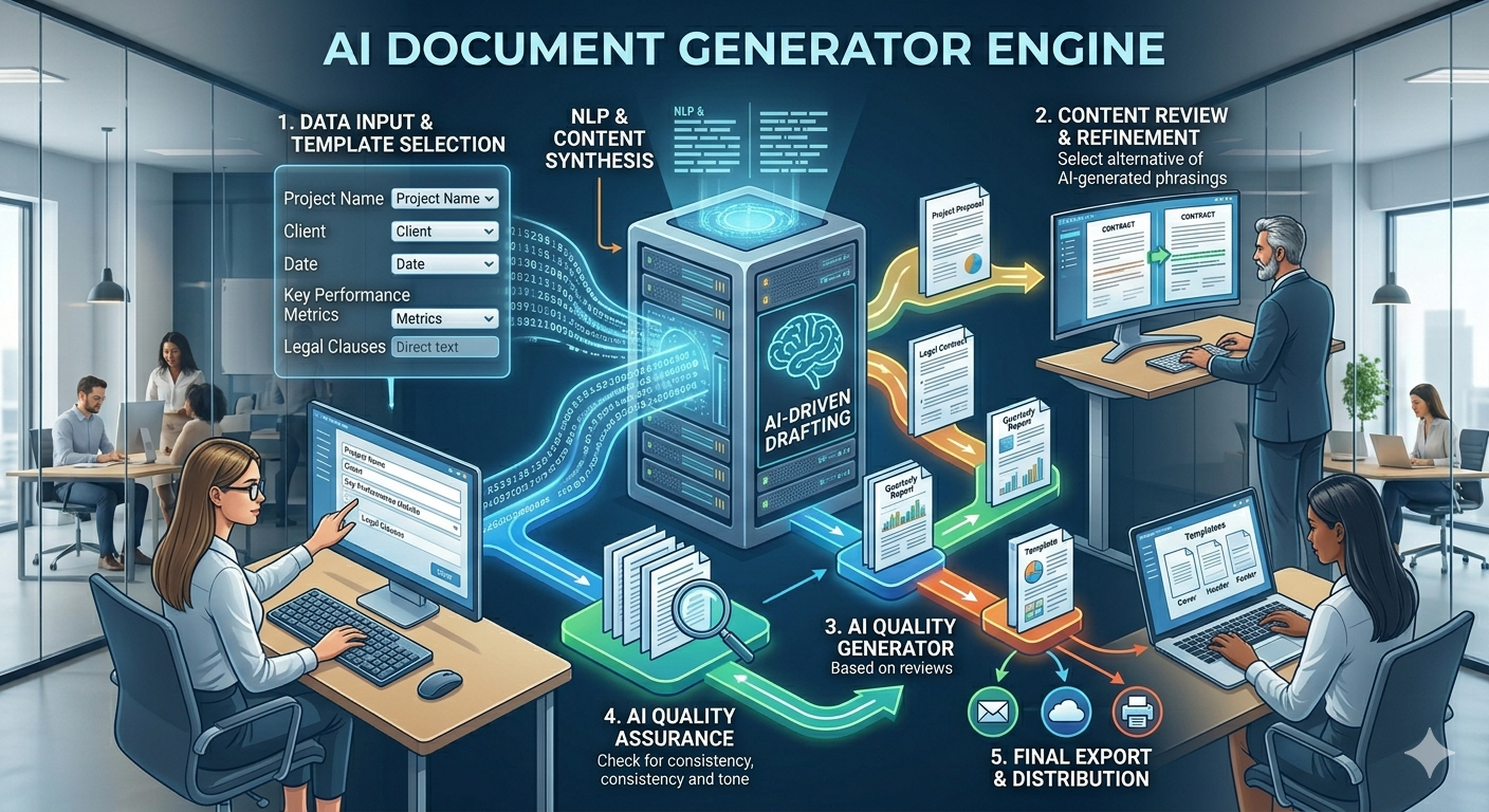 Document automation workflow diagram showing document upload, AI extraction, and structured output