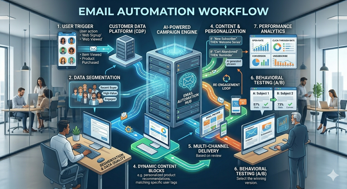 AI email automation workflow diagram showing email classification, routing, and auto-reply